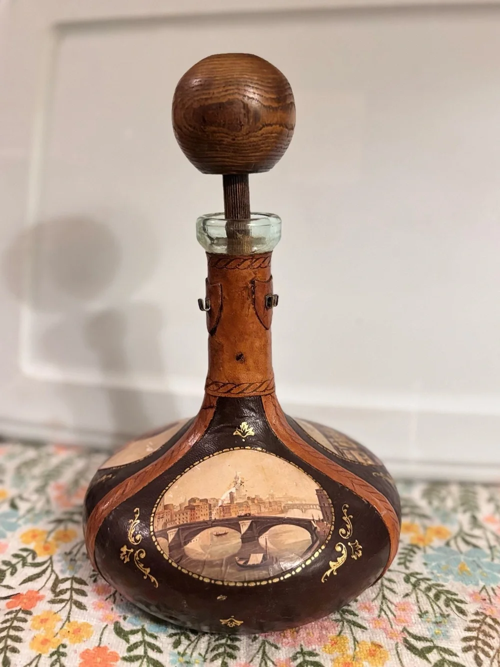 Vintage Leather Decorative Decanter with Florence Illustration.